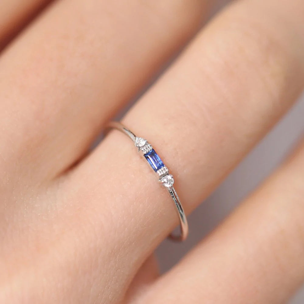 Solid Gold Baguette Blue Sapphire with Diamond Ring