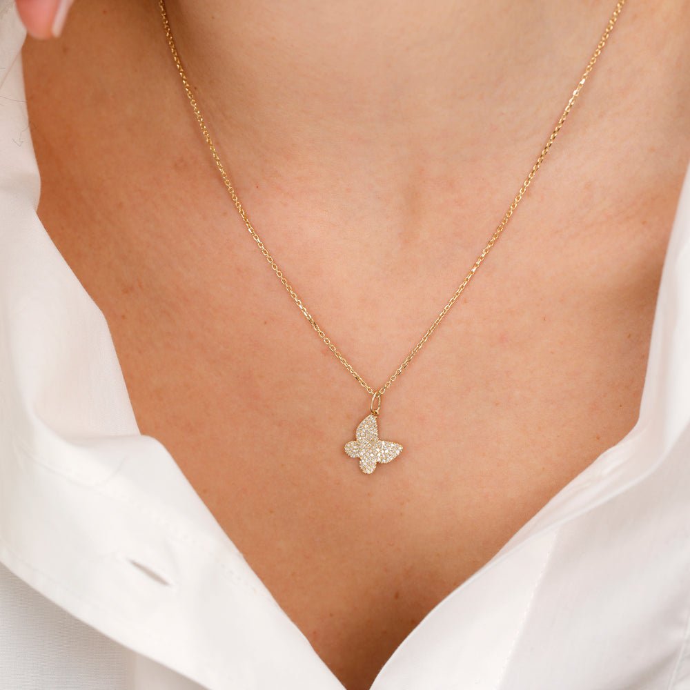 Solid Gold Pave Diamond Butterfly Necklace Charm (36E1A0)