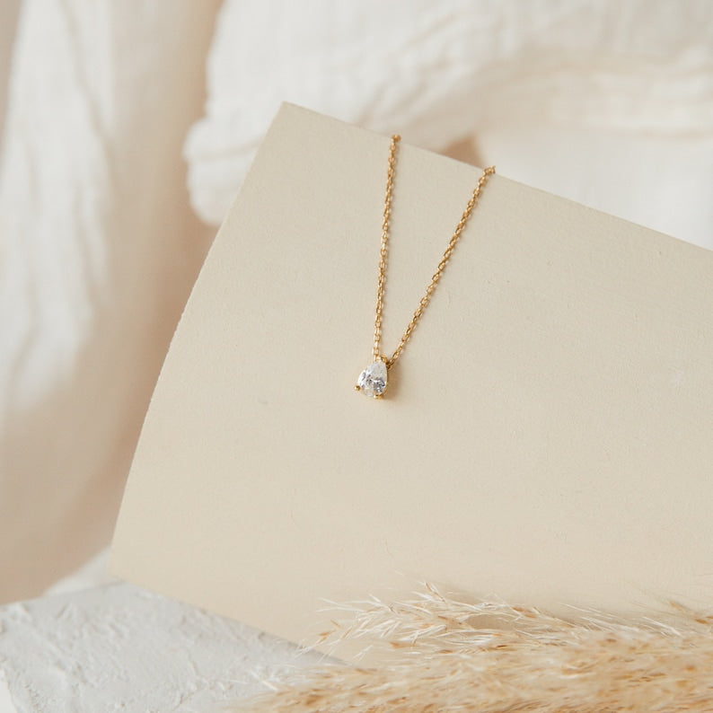 Solid Gold Minimalist Teardrop Diamond Gold Necklace