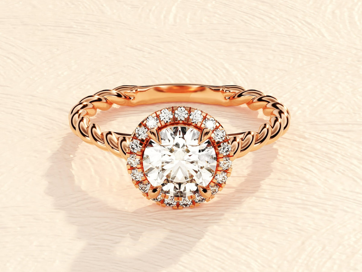 Gold Twisted Band 3ct Lab Grown Round Brilliant Diamond Engagement Halo Ring