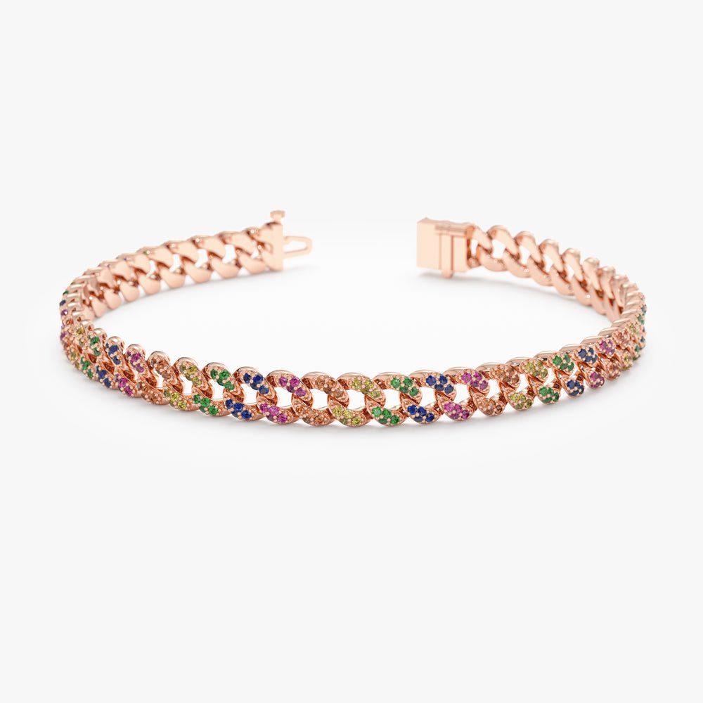 14K Solid Gold Rainbow Sapphire Cuban Chain Bracelet - Style B