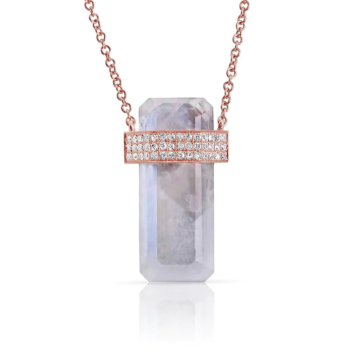 Solid Gold Moonstone Crystal Necklace With 3 Bands Of Diamonds