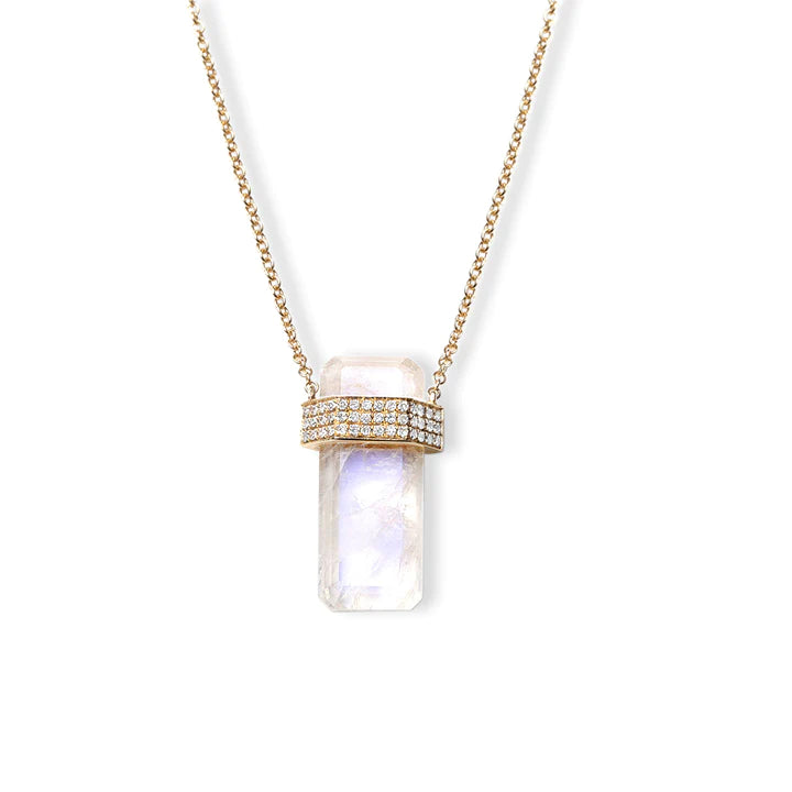 Solid Gold Moonstone Crystal Necklace With 3 Bands Of Diamonds