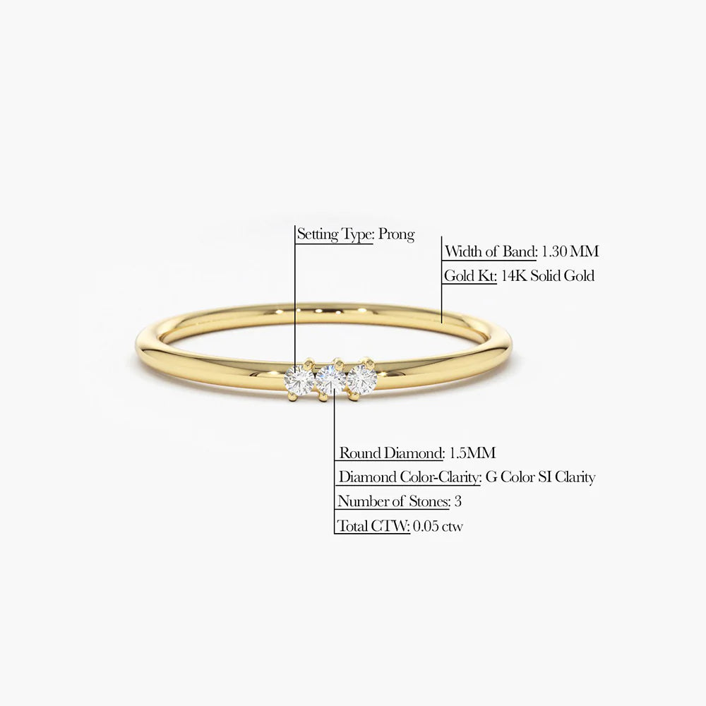 Solid Gold 3 Stone Minimalist Diamond Ring
