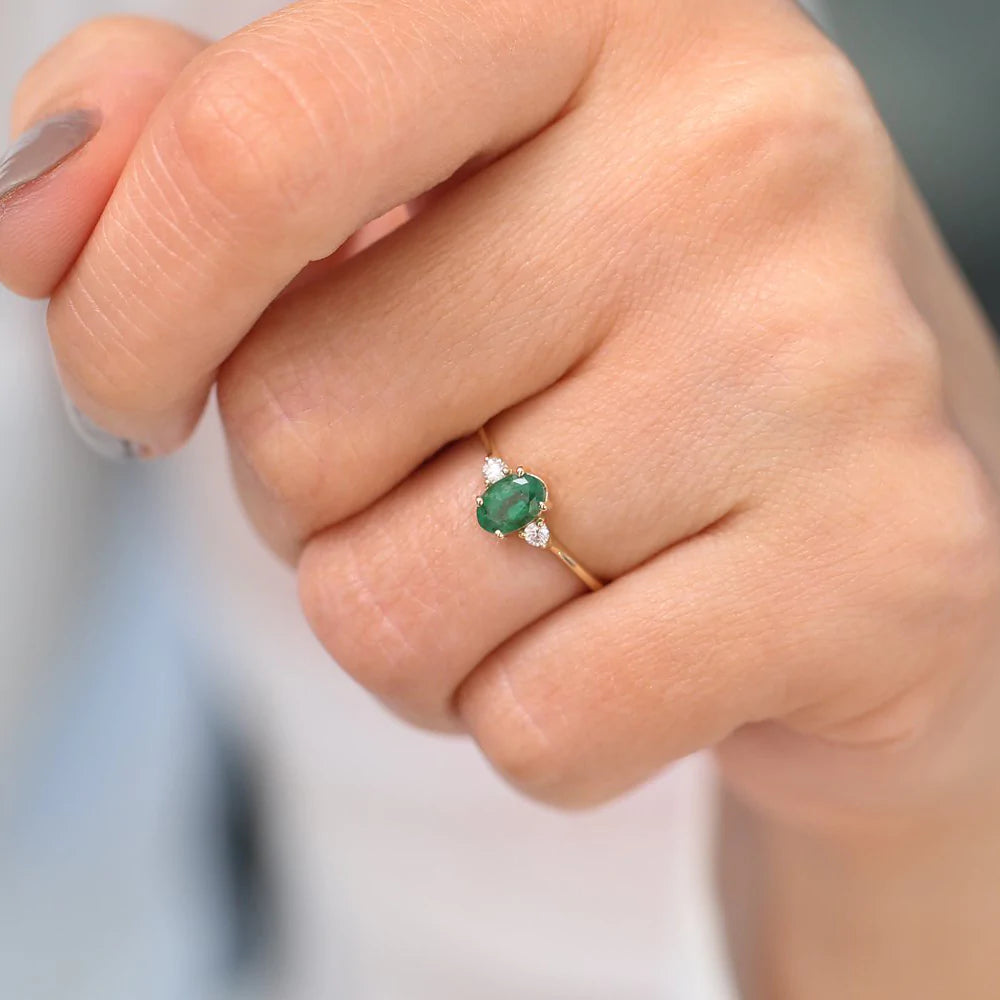 Solid Gold Oval Shape Emerald and Diamond 3 Stone Ring
