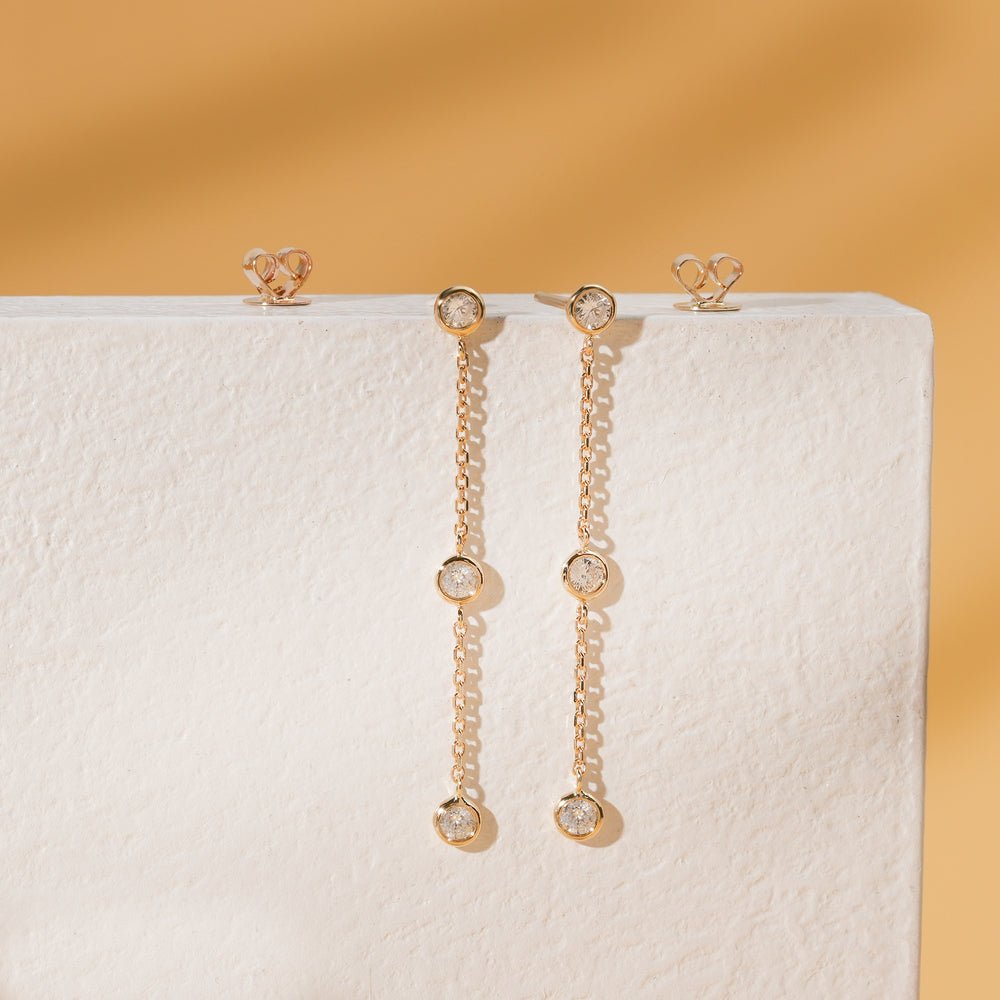 Solid Gold Triple Diamond Hanging Earring Studs