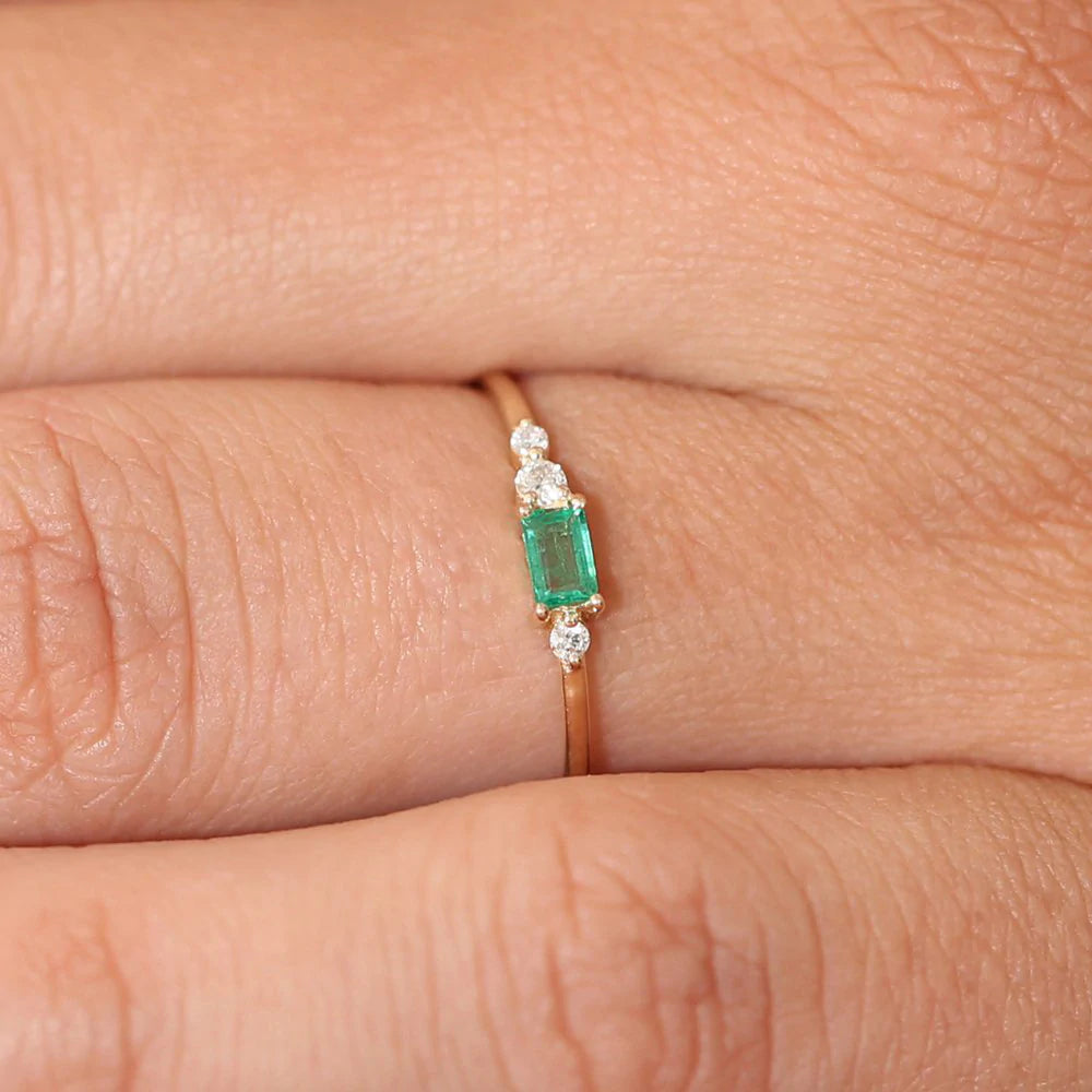 Solid Gold Baguette Emerald Diamond Ring