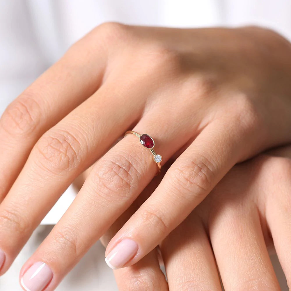 Solid Gold Oval Shape Bezel Setting Ruby and Diamond Ring