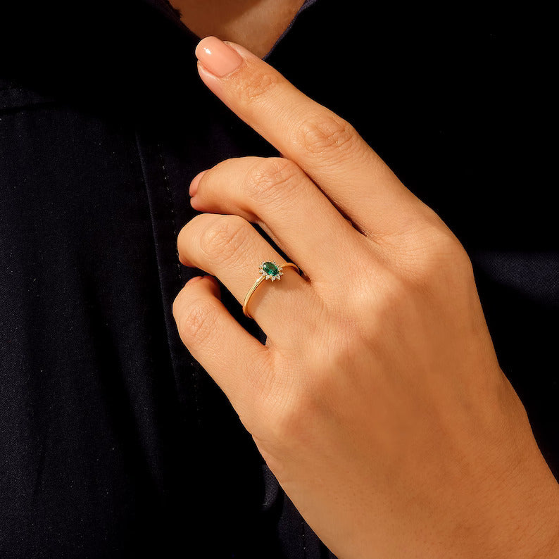 Solid Gold Minimalist Emerald Oval Ring