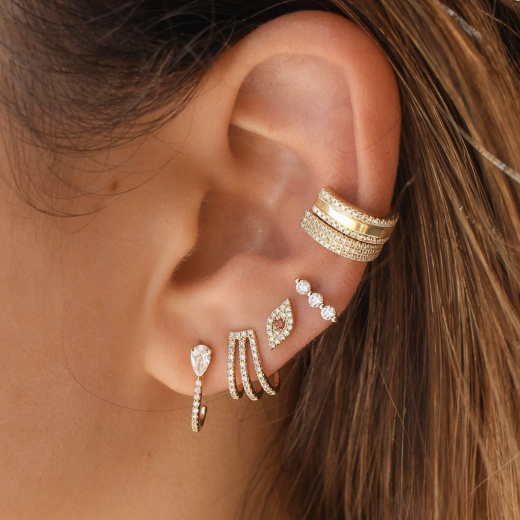 Solid Gold Diamond Three Row Cuff Earring