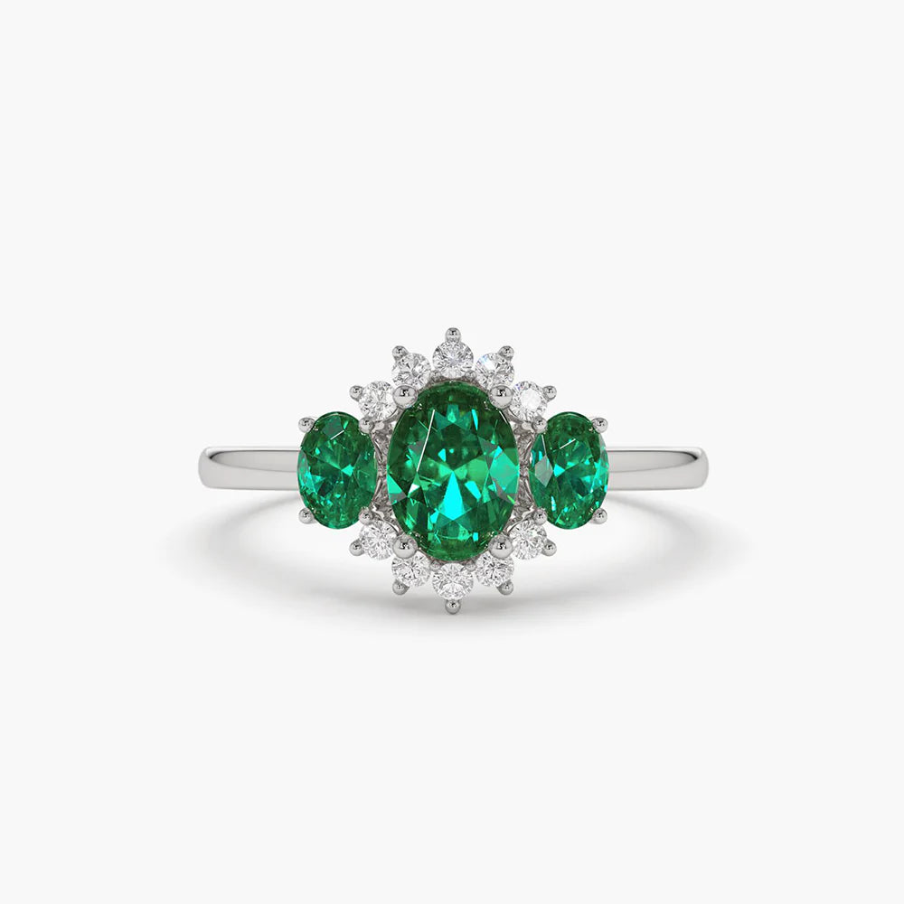 Solid Gold Three Stone Emerald Cluster Ring