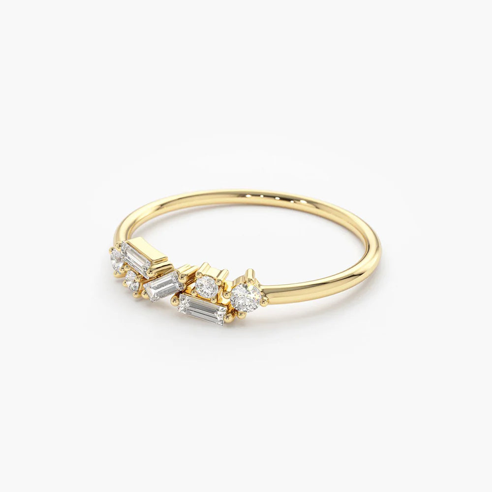 Solid Gold Scattered Baguette and Round Diamond Ring