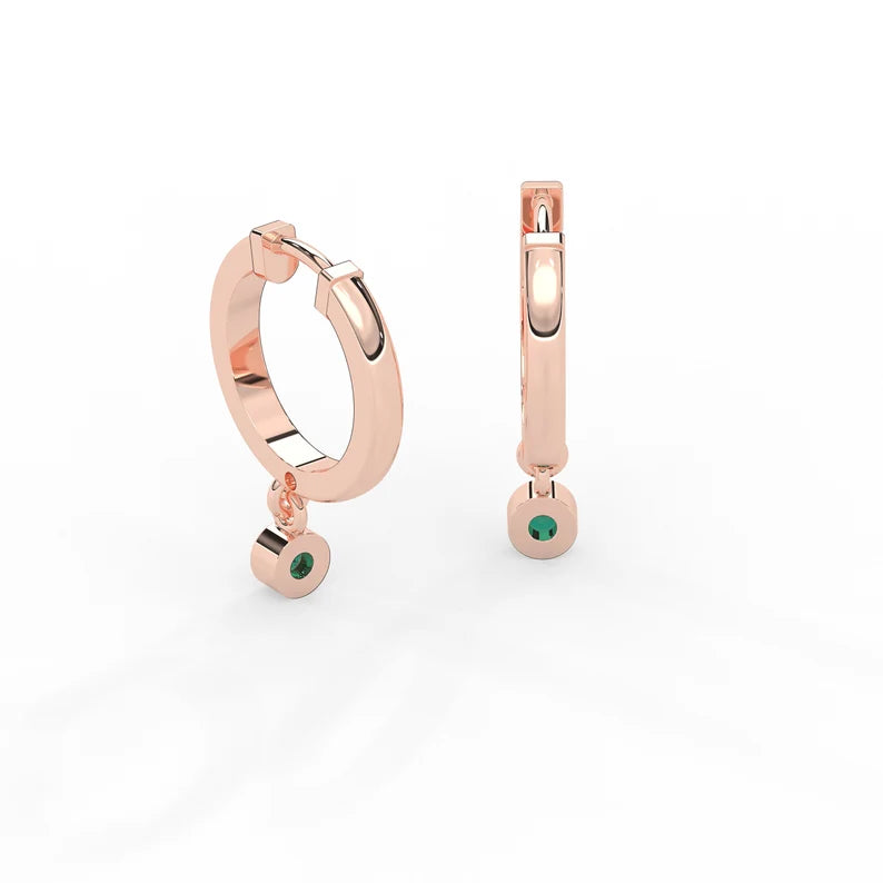 Solid Gold Hoop earrings with Dangling Emerald