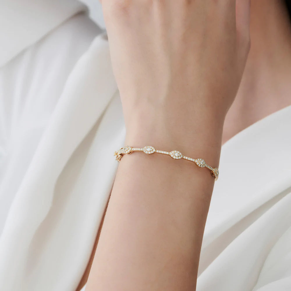 Solid Gold Marquise Shape Round Diamond Bangle Bracelet