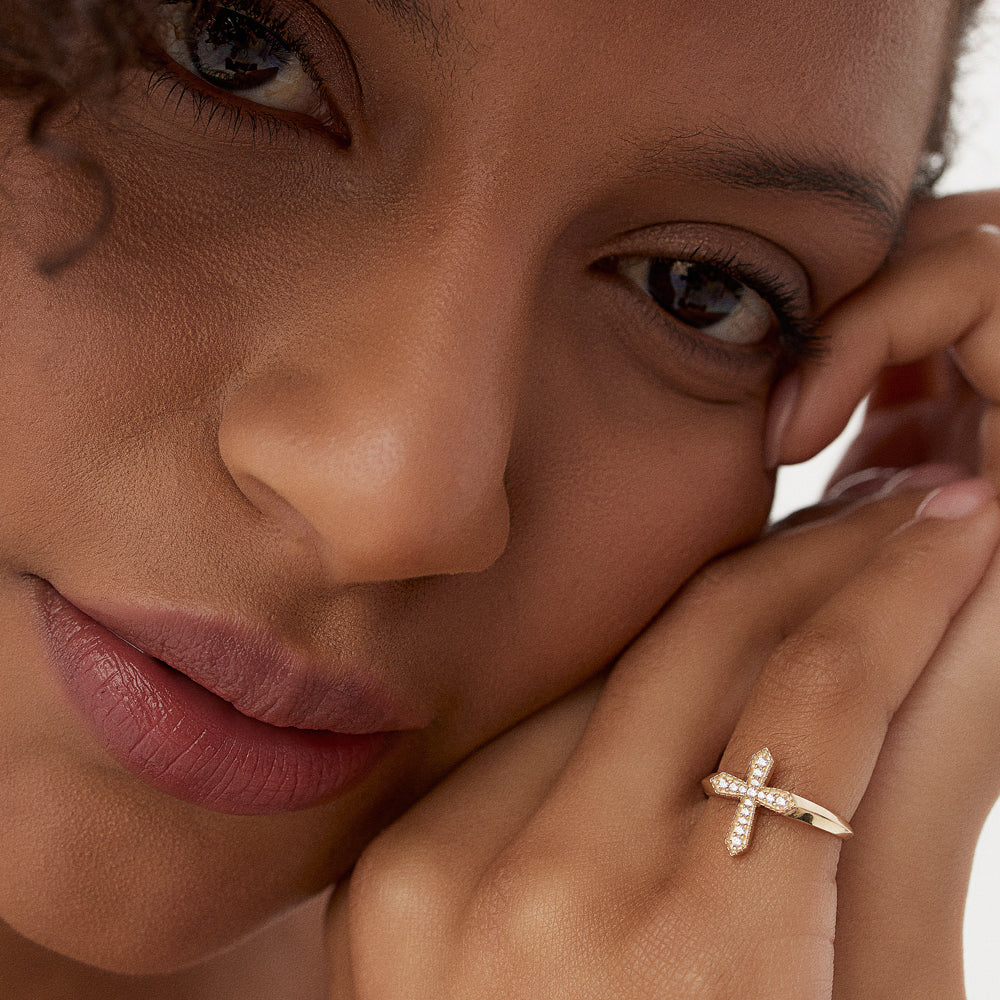 18K Solid Gold Diamond Cross Ring
