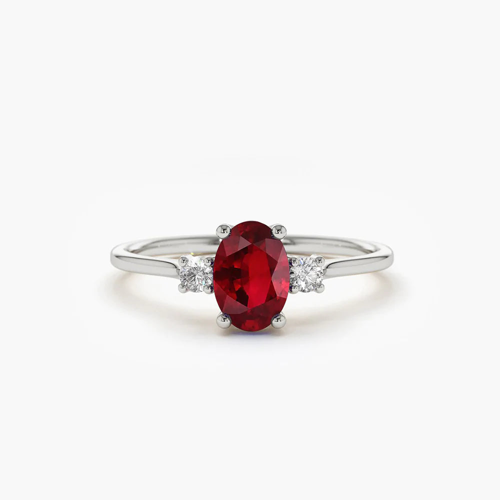 Solid Gold Oval Shape Ruby and Diamond 3 Stone Ring (12C9A5)