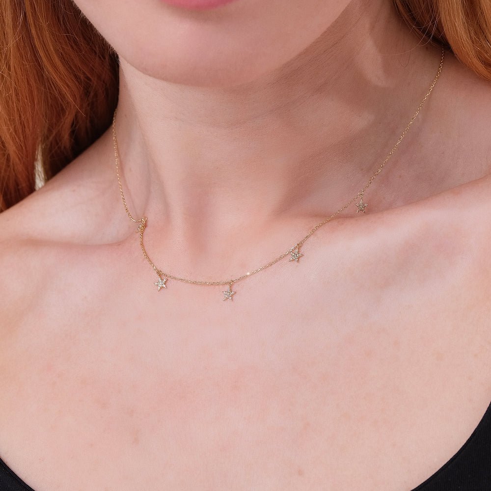 Solid Gold Dainty Diamond Star Drop Necklace (3B2C0A)