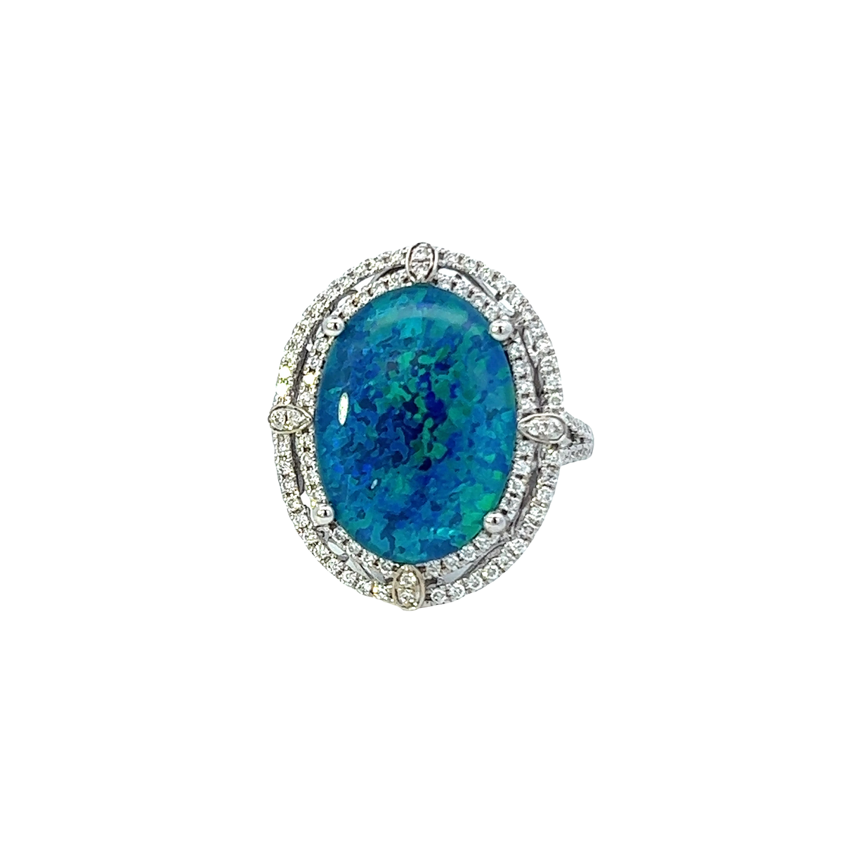 Solid Gold And Round Cut Diamond Oval Opal Ring