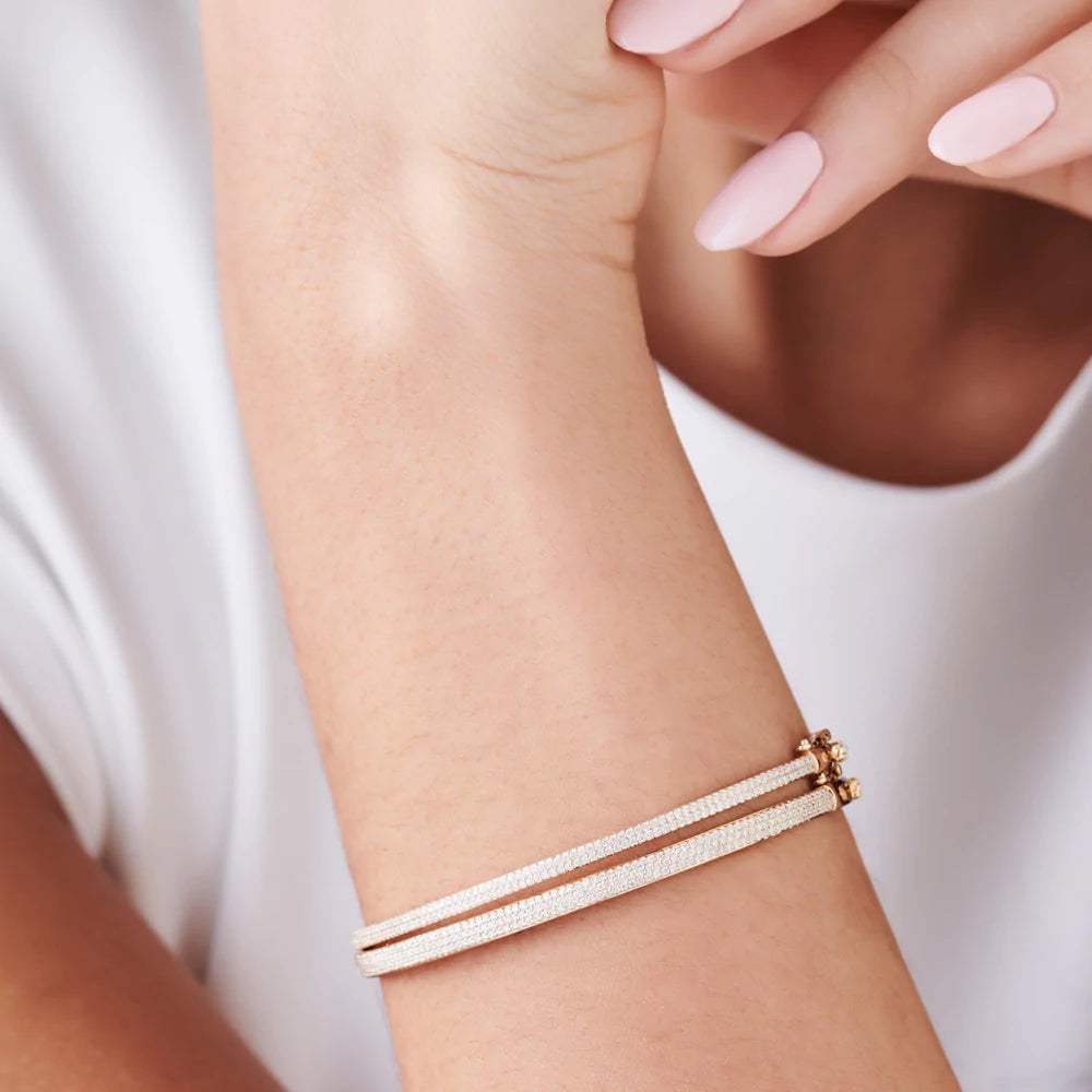 Solid Gold Two Pave Diamond Bangle Bracelet