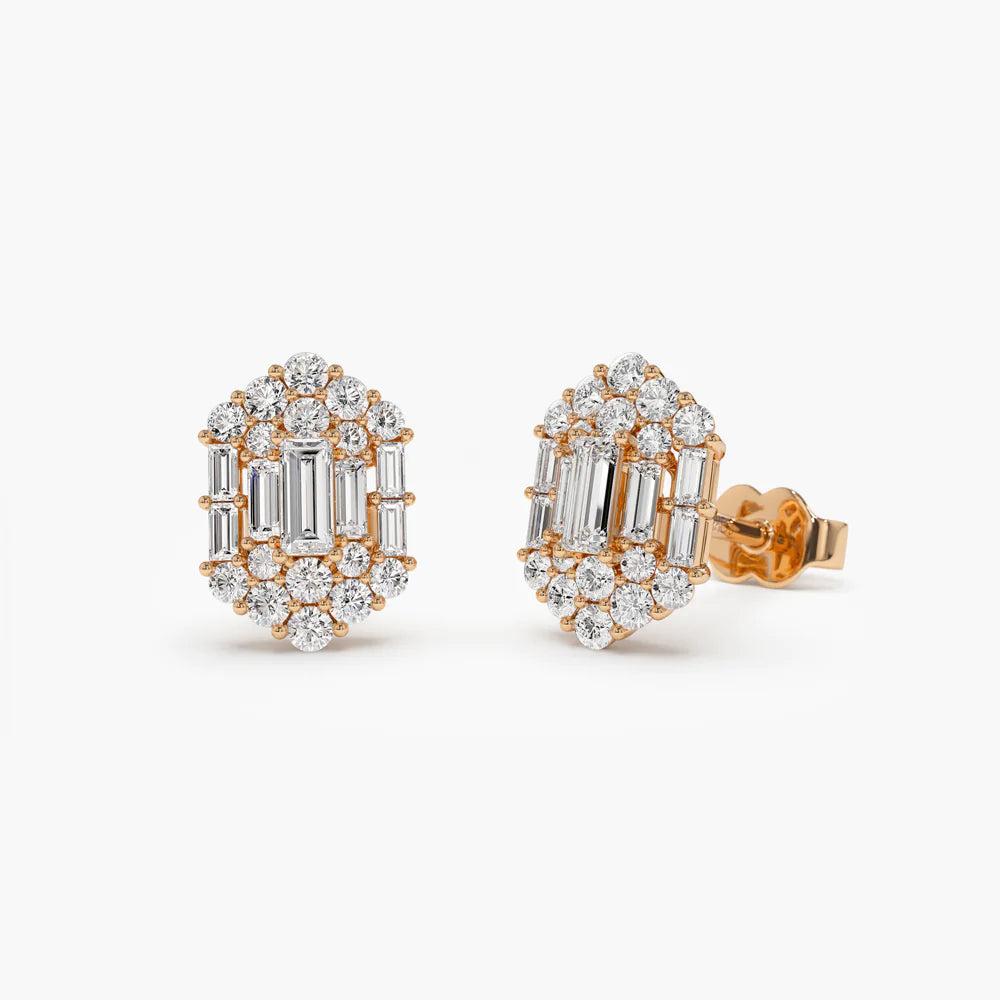 Solid Gold Baguette & Round Diamond Hexagon Studs