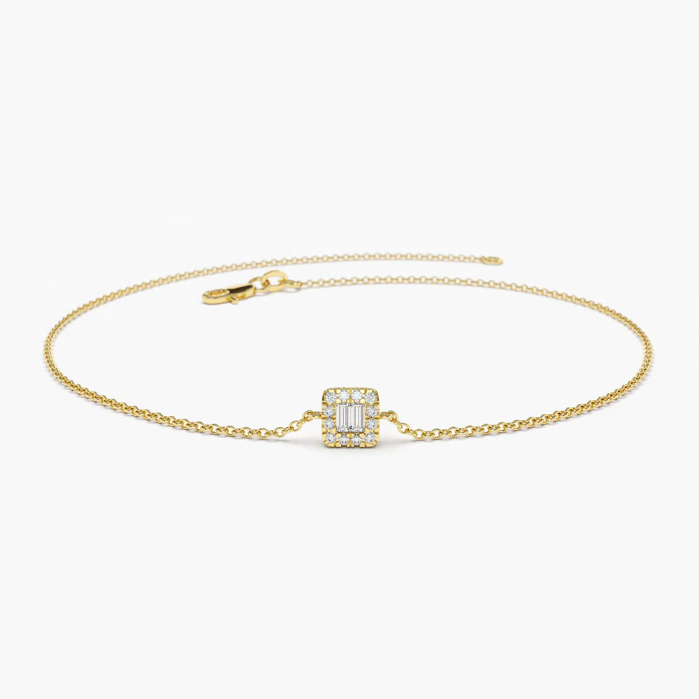 Solid Gold Tiny Baguette and Round Lab-Grown Diamond Station Bracelet