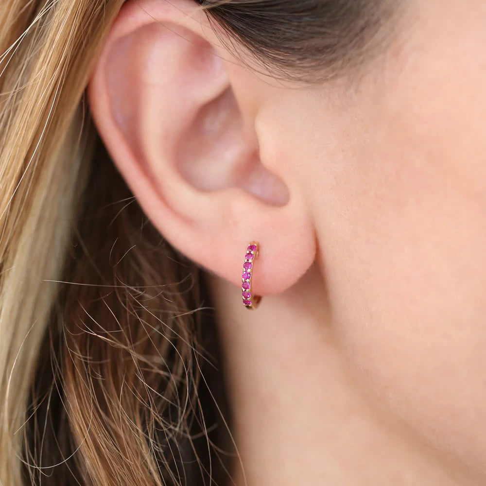 18K Solid Gold Ruby Huggie Hoop Earrings - Style B