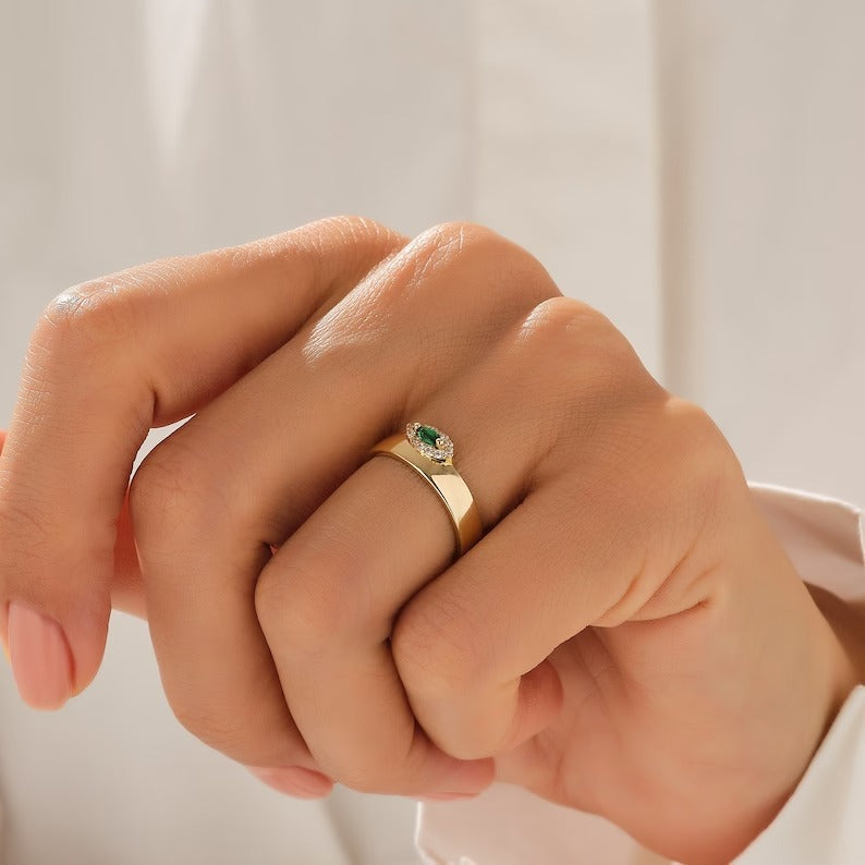 Solid Gold Marquise Emerald Band Ring