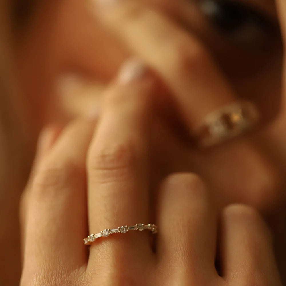 Solid Gold Baguette and Round Diamond Alternating Ring