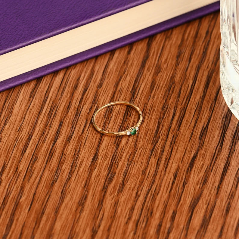 Solid Gold Emerald Minimal Twisted Solitaire Ring