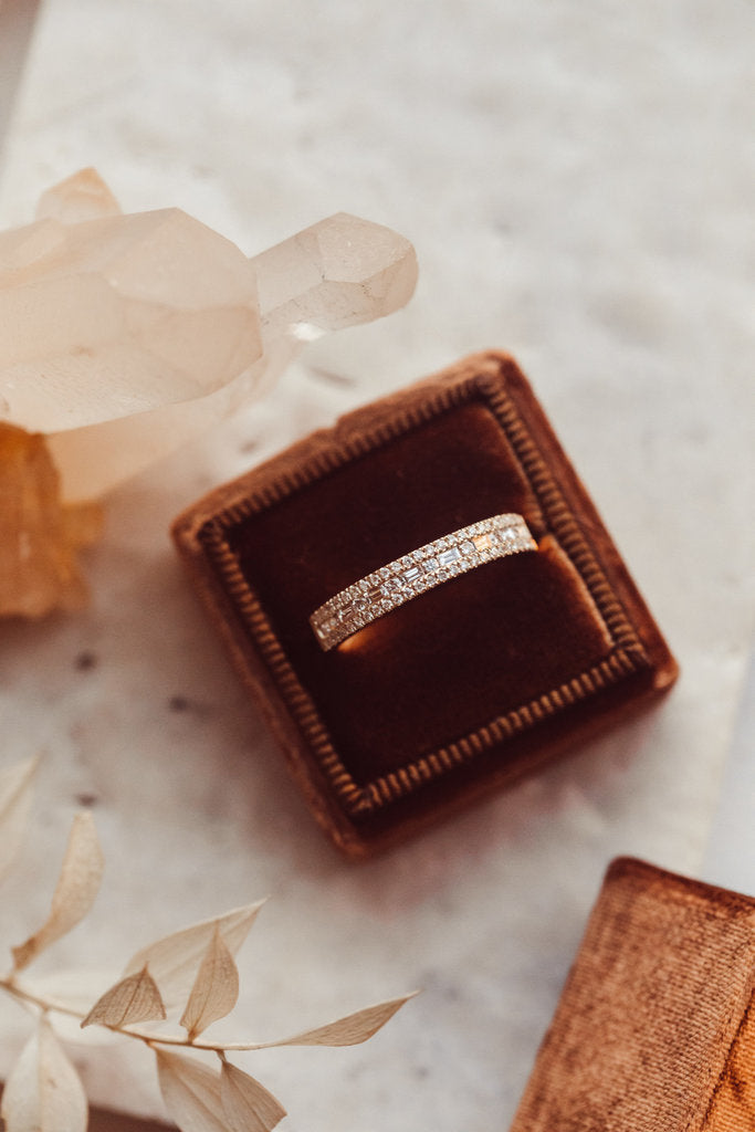 Solid Gold Diamond Band Alternating Horizontal Baguette and Round Pave