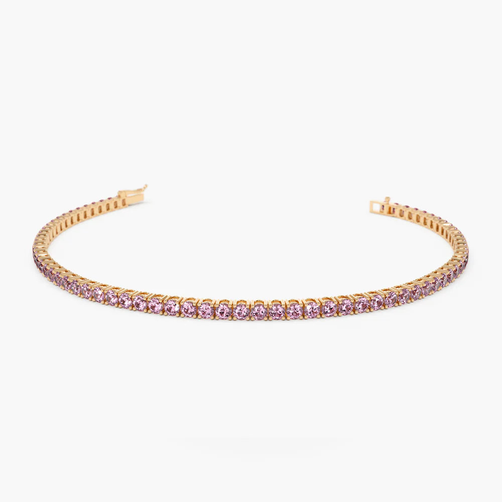 Solid Gold Prong Setting Pink Tourmaline Tennis Bracelet