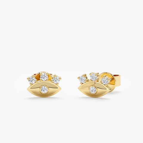 Solid Gold Eyelash Diamond Eye Stud Earrings