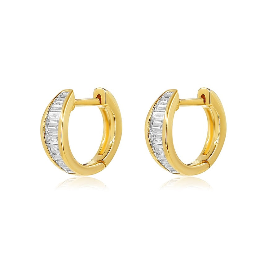 Solid Gold Diamond Baguette Channel Hoop Earring