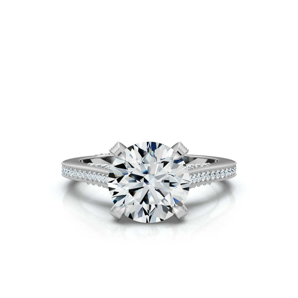 18K Solid Gold 2 CT Round Diamond Ring with Pavé Diamond Accents