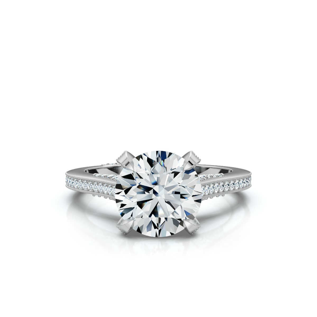 18K Solid Gold 2 CT Round Diamond Ring with Pavé Diamond Accents