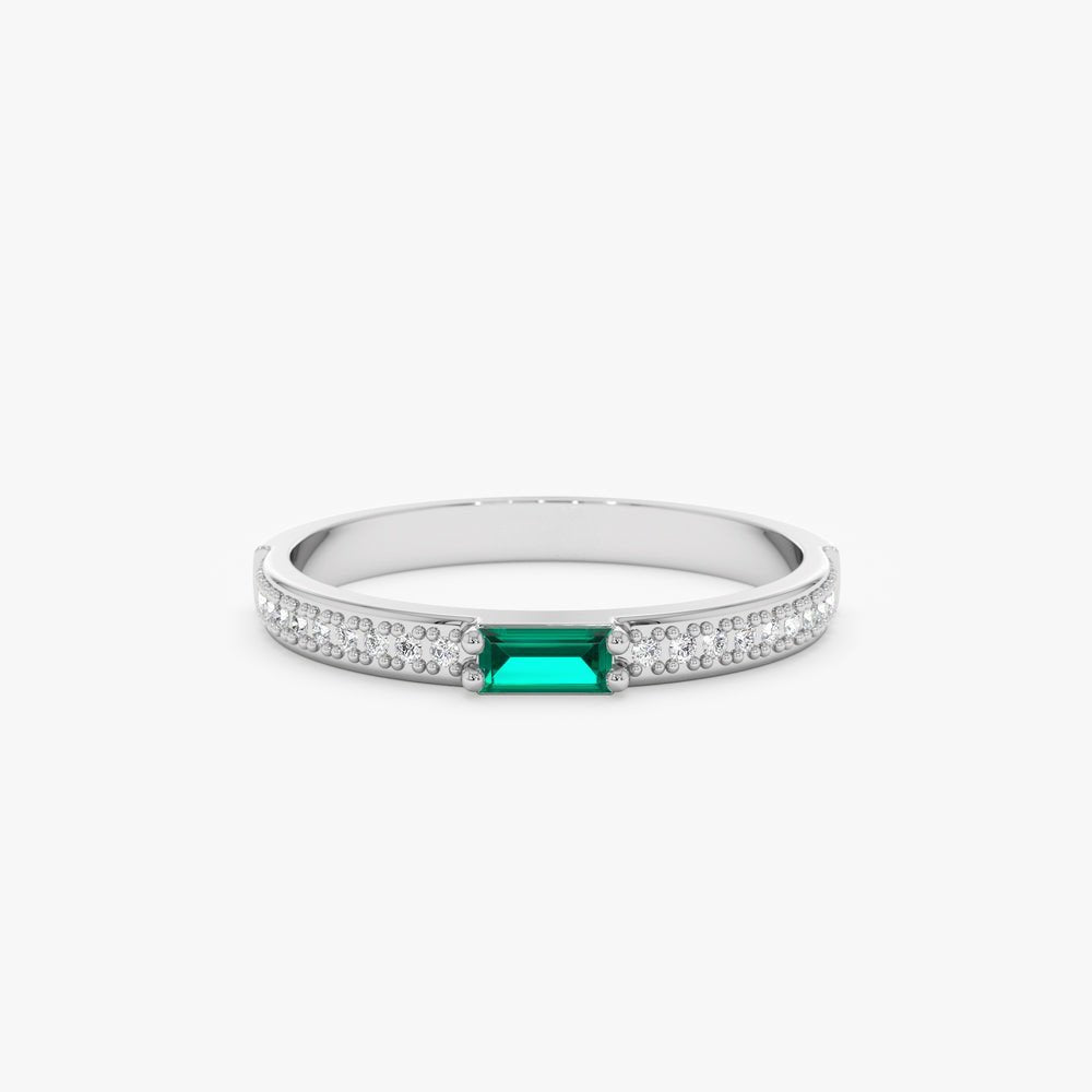 18K Solid Gold Diamond and Baguette Emerald Ring - Style A