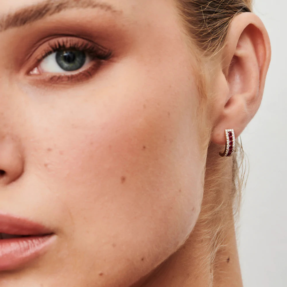 Solid Gold Ruby and Round Diamond Hoop Earrings