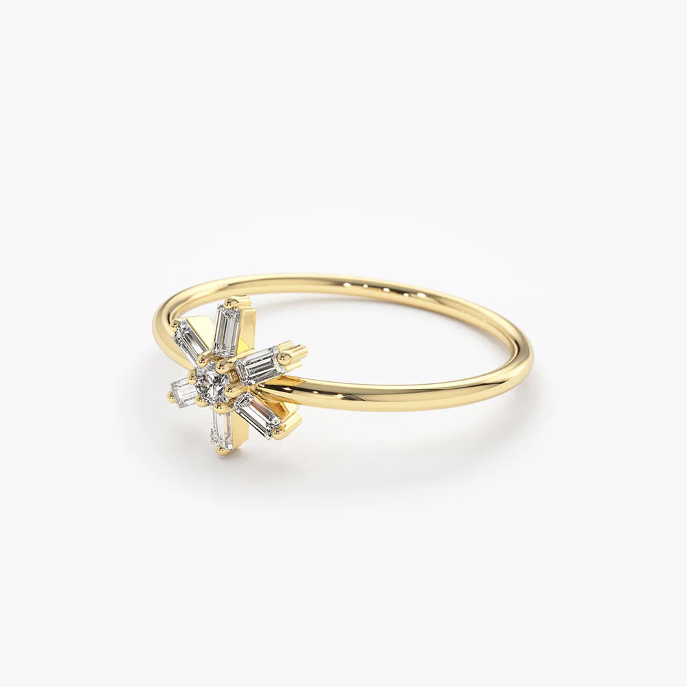 Solid Gold Baguette Diamond Flower Ring