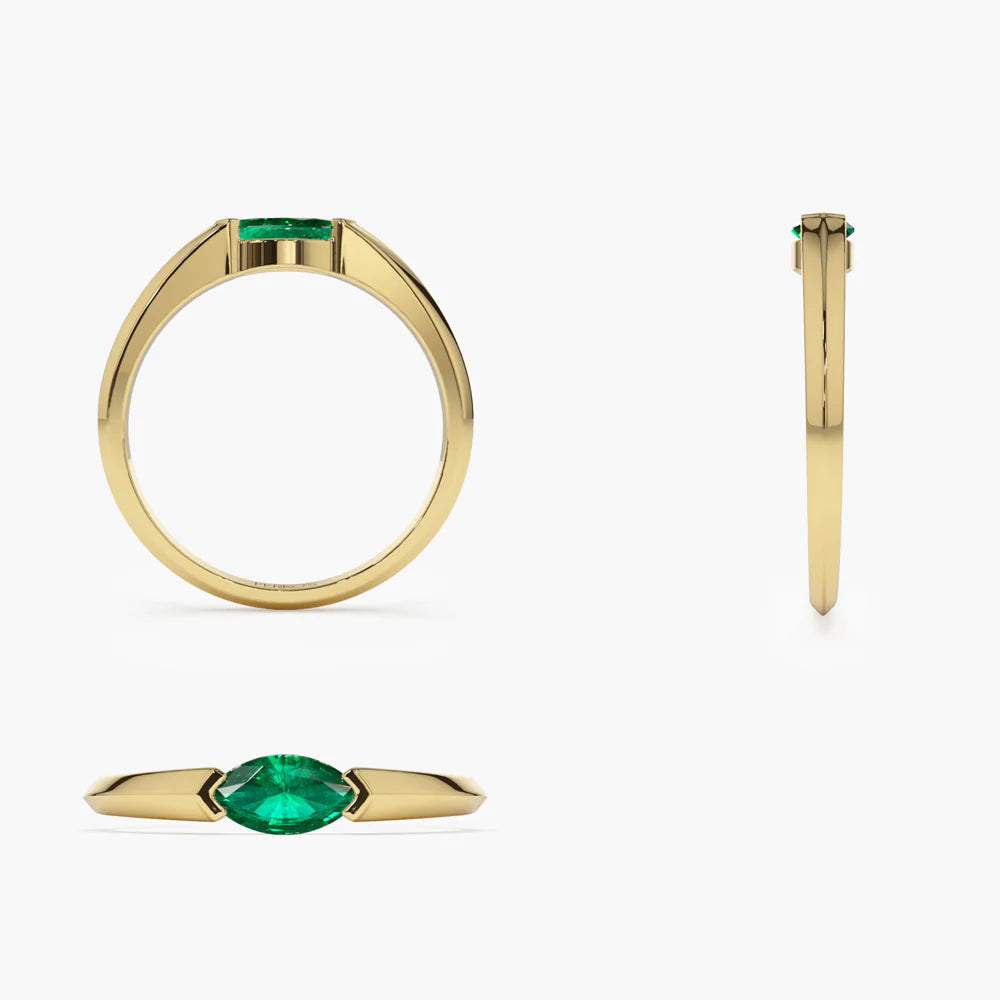 Solid Gold Horizontal Marquise Shape Natural Emerald Ring