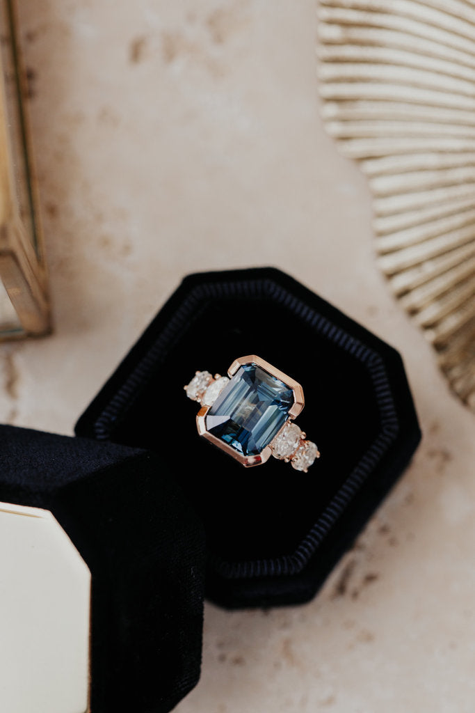 Solid Gold 6.5ct Emerald Cut Blue Sapphire Engagement Ring