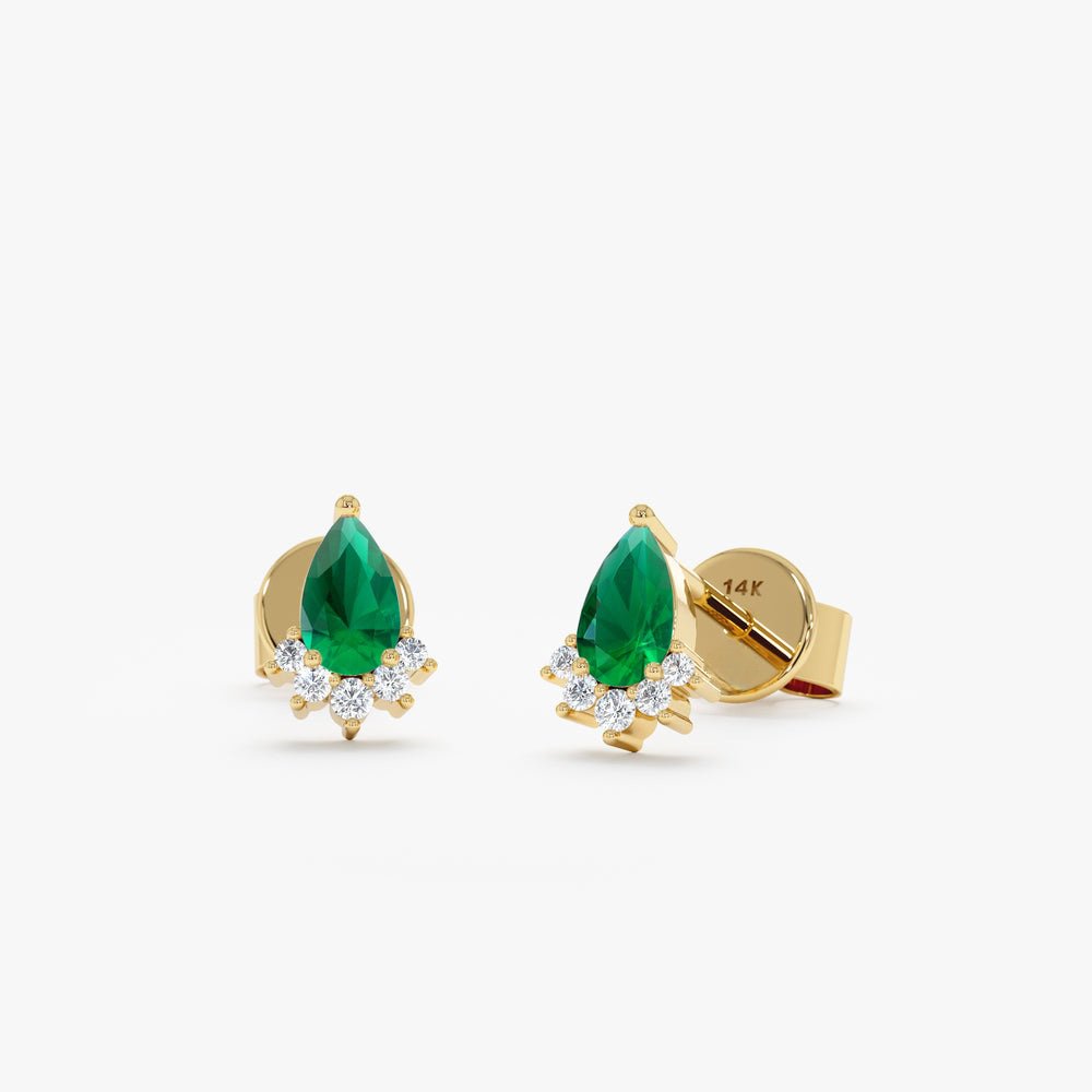 Solid Gold Pear Cut Emerald Diamond Stud Earrings