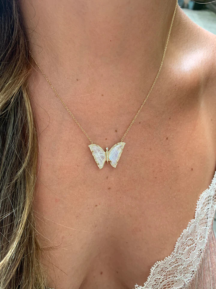 Solid Gold Moonstone And Diamond Teardrop Butterfly Necklace