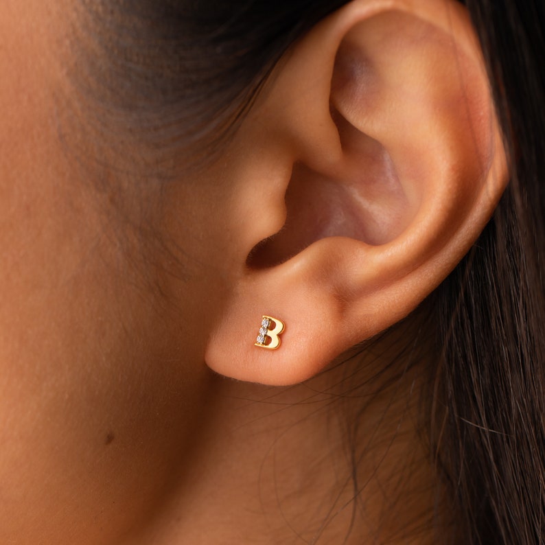 Solid Gold Diamond Letter Stud Earring