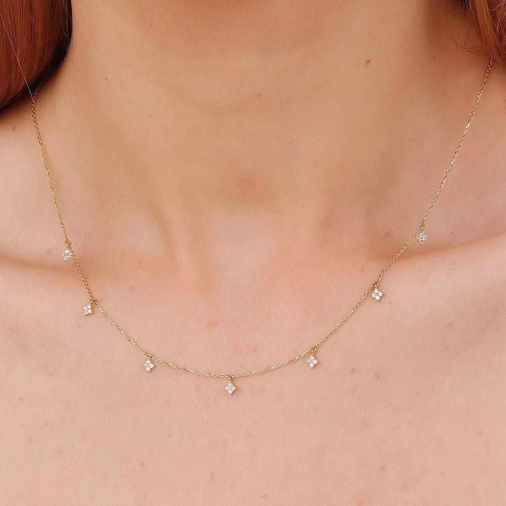 Solid Gold Diamond Clovers Drop Necklace (BD7B3B)