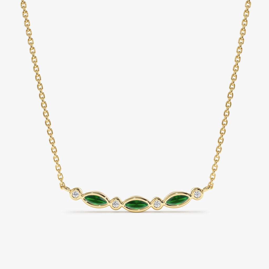 Solid Gold Curved Emerald & Diamonds Bar Necklace (C42D73)