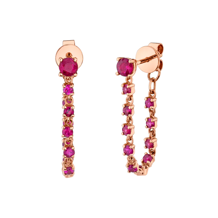 Solid Gold Ruby Long Loop Earrings