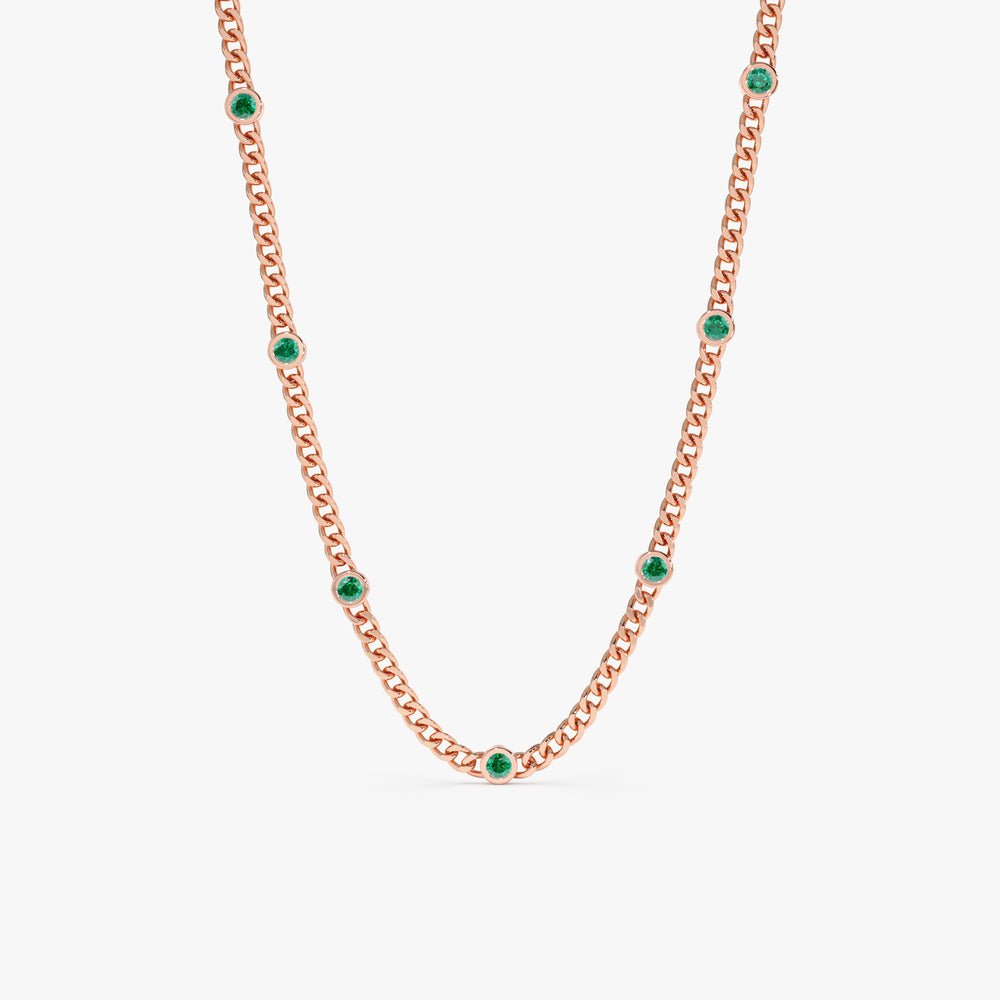 Solid Gold Emerald Cuban Chain Station Necklace (10E5A5)