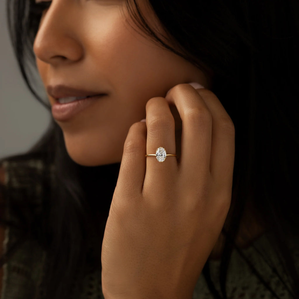 Solid Gold Threaded Ring, Oval Cut Moissanite Diamond