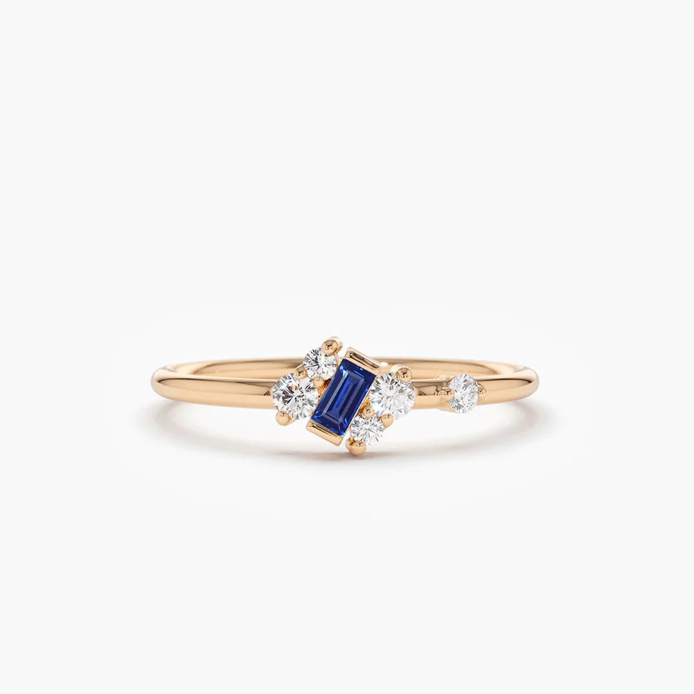 Solid Gold Slanted Baguette Sapphire Ring