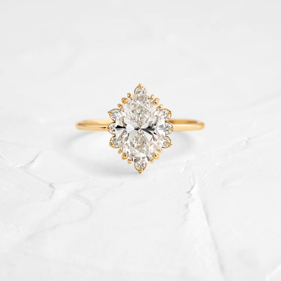 Solid Gold Threaded Ring with Halo, 2ct. Oval Cut Moissanite Diamond